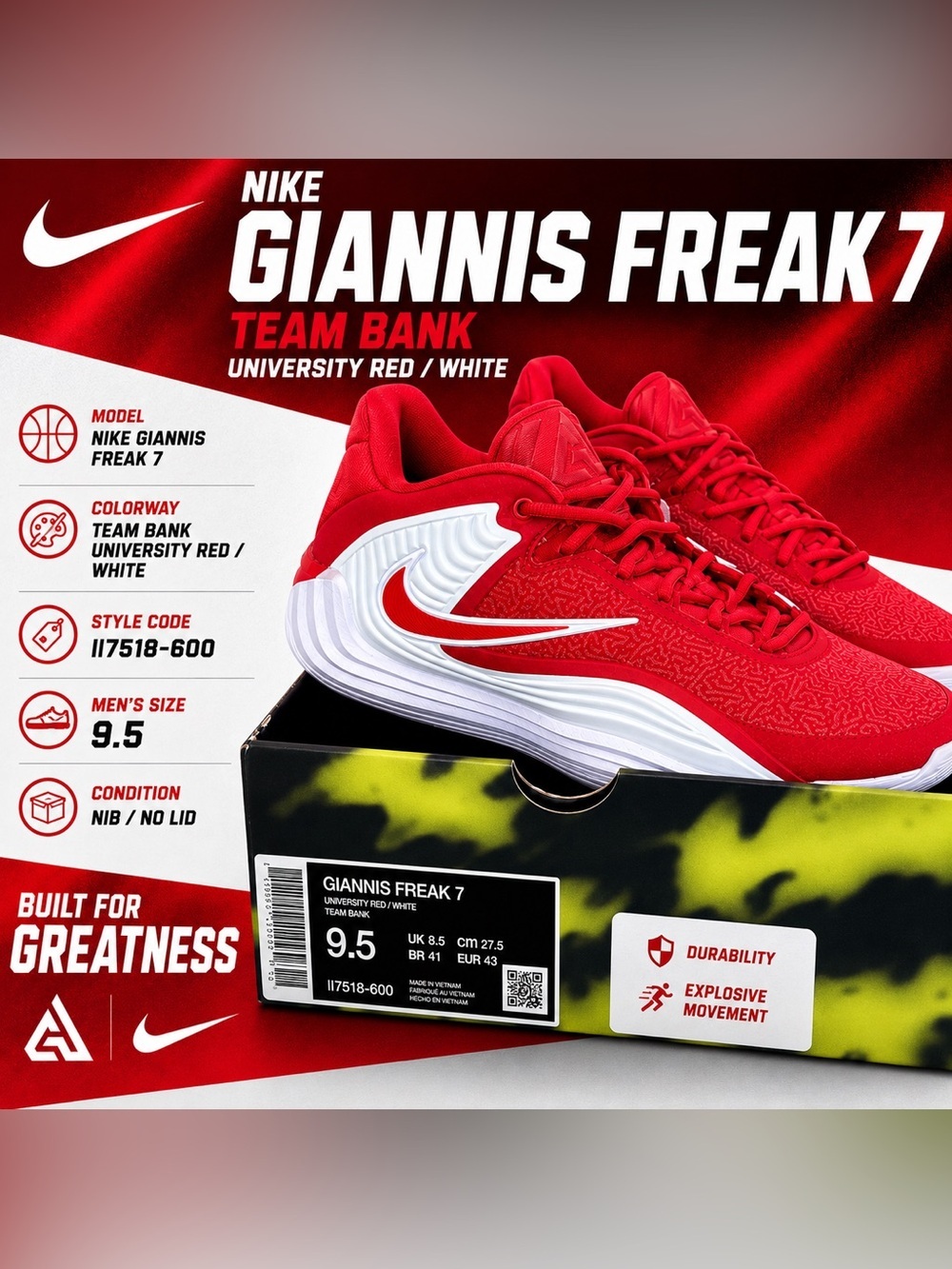 Nike Giannis Freak 7 University Red White Men's Sneakers 9.5NIBNo Lid ll7518-600